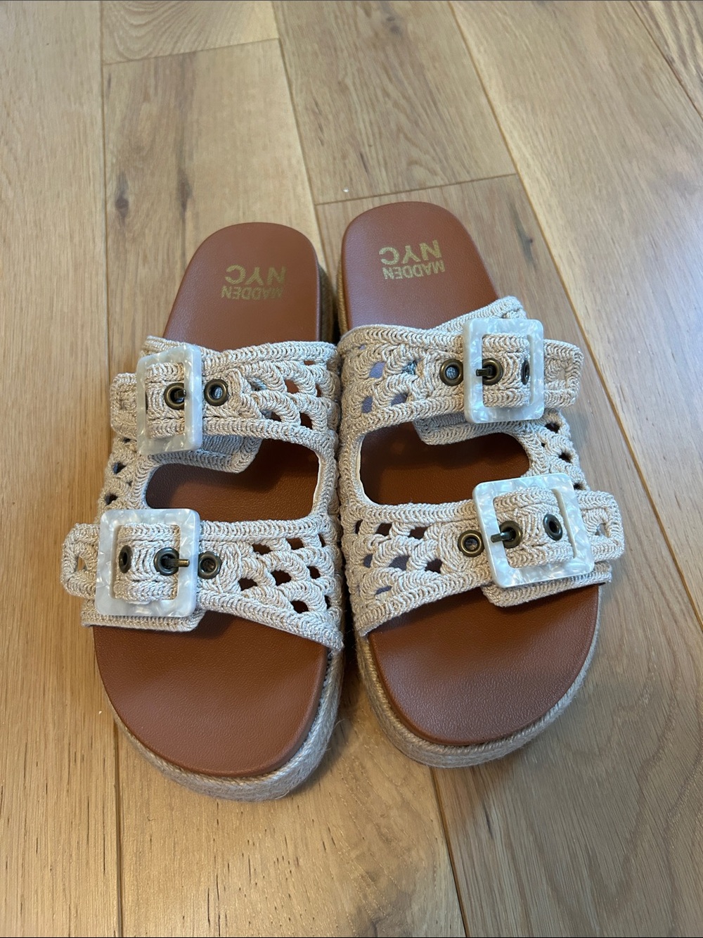 Madden NYC Beige Crochet Double-Buckle Slide Sandals